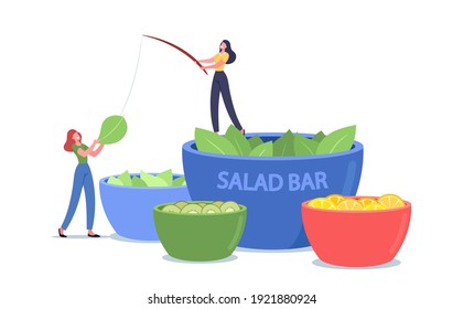 Tiny Female Characters Stand at Huge Bowl with Salad in Vegetarian Bar. People Eating Vegetables and Fruits in Vegan Buffet. Healthy Food, Veggies Nutrition, Natural Food. Cartoon Vector Illustration