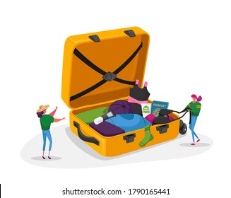 Tiny Female Characters Take Out Traveling Clothes or Accessories from Huge Suitcase after Vacation Trip, Summer Time Leisure, Journey Experience, Summertime Leisure. Cartoon People Vector Illustration