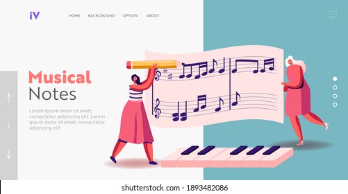 Tiny Female Characters Writing Notes on Huge Stave Landing Page Template. Pianist Women Concert Playing Musical Composition on Piano, Symphonic Performance on Stage. Cartoon People Vector Illustration