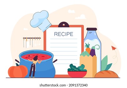 Pequeña cocinera cocinando comida vegana con receta en la cocina. Plato de cocina del menú del restaurante ilustración vectorial plana. Comida saludable o dieta, concepto culinario, nutricional para el diseño de sitios web