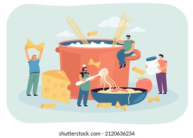 Tiny female cook with spaghetti in huge plate. Male character cooking pasta in hot water, process of making dinner in restaurant flat vector illustration. Food, traditional Italian cuisine concept