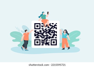 Pequeña clienta femenina con teléfono sentado encima del código QR. Pequeño hombre y mujer apuntando a la ilustración vectorial plana de código de barras. Compras, tecnología, concepto de información para banner o página web de aterrizaje