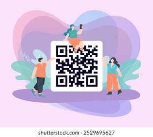 Tiny female customer with phone sitting on top of QR code. Tiny man and woman pointing at barcode flat vector illustration. Shopping, technology, information concept for banner or landing web page