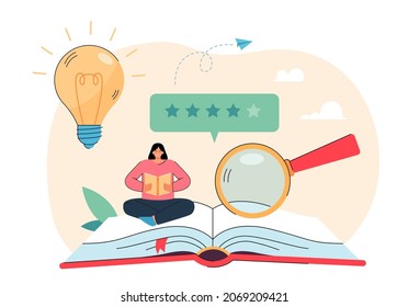 Tiny Female Customer Reading Book With Good Feedback. Research And Analysis Of Book Service From Girl Flat Vector Illustration. Quality Rating Of Literature, Satisfaction, Consumer Review Concept