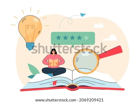 Tiny female customer reading book with good feedback. Research and analysis of book service from girl flat vector illustration. Quality rating of literature, satisfaction, consumer review concept