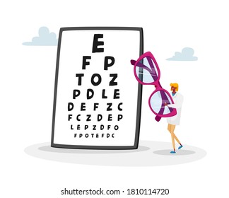 Tiny Female Doctor Character Carry Huge Eyeglasses front of Chart for Vision Checkup. Eyes Diseases Treatment and Diagnostics, Oculist Ophthalmologist Appointment Concept. Cartoon Vector Illustration
