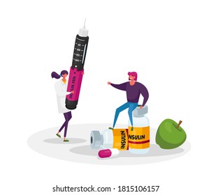 Tiny Female Doctor Character Hold Huge Syringe Pen with Insulin Dose for Diabetes Disease Treatment, Apple and Medicine Bottles around. Health, Glucose in Blood Control. Cartoon Vector Illustration