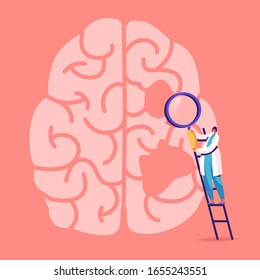 Tiny Female Doctor Character Stand on Ladder with Magnifying Glass Learn Huge Human Brain with Holes, Alzheimer and Dementia Disease Symptoms, Memory Loss Problem. Cartoon Flat Vector Illustration