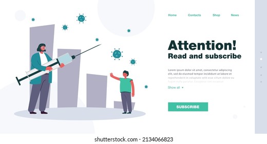 Tiny female doctor holding huge syringe with vaccine. Boy putting his hand in front of him to protest coronavirus vaccination flat vector illustration. Covid, pandemic, prevention concept