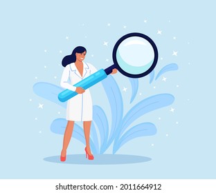 Tiny female doctor in medical robe holding huge magnifier in hands. Hospital Healthcare Staff at Work. Medical test research, examination of patient concept. Vector illustration