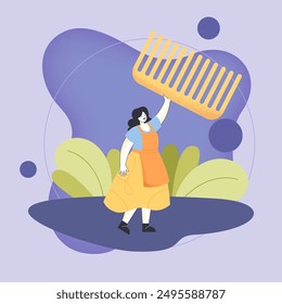 Tiny female hairdresser with huge comb. Flat vector illustration. Woman working in salon. Hair style, service, beauty concept