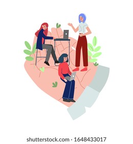 Tiny Female Office Employees Working on Giant Hands, Office Staff Care, Support, Professional Growth, Personnel Perks and Benefits Vector Illustration