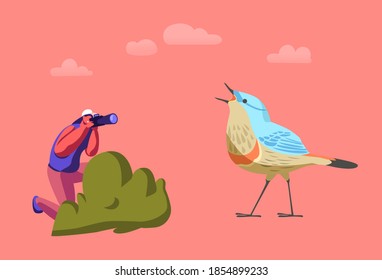 Pequeñas Ornitólogas Femeninas Caracterizan Fotografiando Aves Enormes en la Naturaleza. Aves, ciencias ornitológicas, mujeres con cámara toma foto de aves, observación, concepto de turismo ecológico. Ilustración del vector de dibujos animados