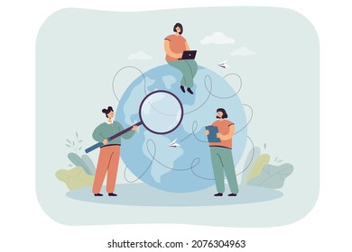 Tiny female people standing near and sitting on globe with laptop. HR specialists outsourcing process using modern tech flat vector illustration. Recruitment, business strategy, teamwork concept