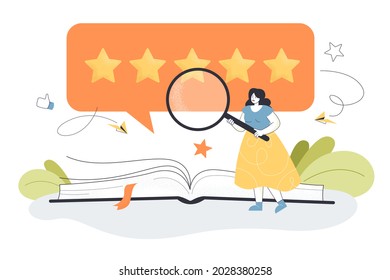 Tiny female person with magnifier giving book good review. Girl reading book for research, analysis of service quality flat vector illustration. Literature, feedback, satisfaction rating concept