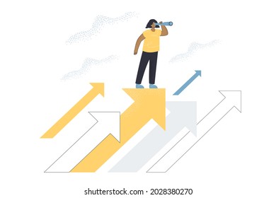Tiny female person with spyglass looking for job opportunities. Business strategy, career change or direction, positive outlook flat vector illustration. Success, future vision, life goal concept