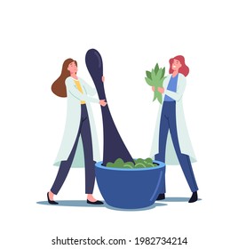 Tiny Female Pharmacists Characters Grind Plants and Natural Ingredients in Huge Mortar for Making Traditional Medicine or Ayurvedic Remedy of Herbs and Natural Plants. Cartoon Vector Illustration