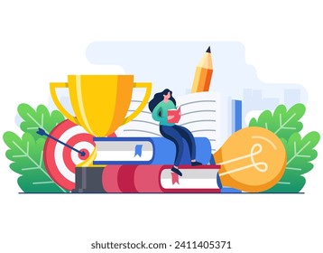 Tiny female student learning and sitting on textbook, Graduation and education concept flat illustration vector template, Undergraduate, Educational materials