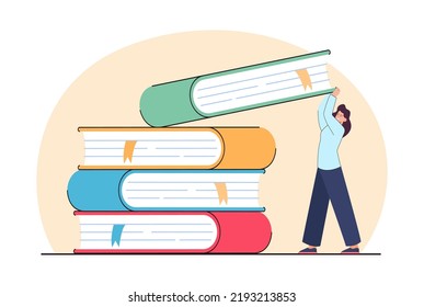 Tiny female student taking huge book off stack. Cartoon woman with big notebooks or textbooks flat vector illustration. Education, literature concept for banner, website design or landing web page