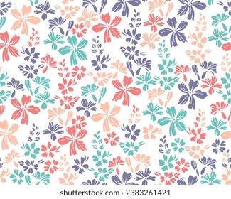 Tiny field buttercup flowers repeat ornament vector illustration. Ditsy vintage motif. Rustic chic wallpaper print with flower racemes. Buttercups bloom spring print.