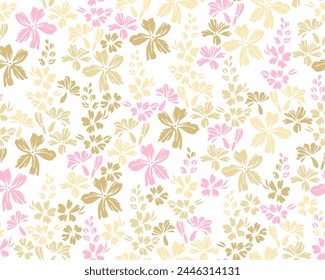 Tiny field buttercup flowers repeat ornament vector design. Millefleurs rustic motif. Rustic chic wallpaper print with flower inflorescences. Forget-me-nots blossom spring print.