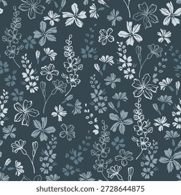 Pequeno corpo borboleta flores sem costura padrão vetor ilustração. Millefleurs motivo retro. Rústico papel de parede chique imprimir com inflorescências de flores. Esquece-me-nots florescer impressão de verão.