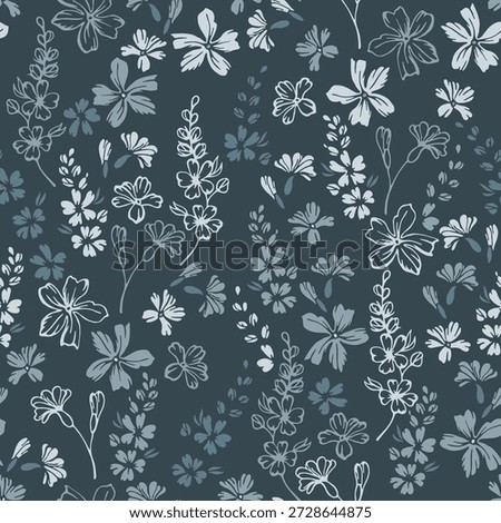 Tiny field buttercup flowers seamless pattern vector illustration. Millefleurs retro motif. Rustic chic wallpaper print with flower inflorescences. Forget-me-nots bloom summer print.