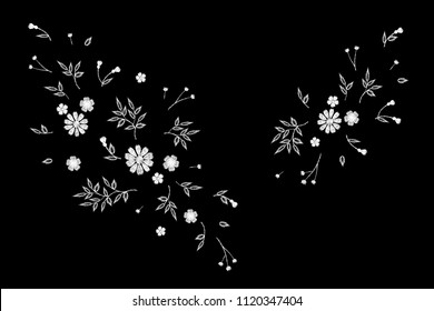 Tiny field flower realistic embroidery. Wild herbs daisy textile print decoration black fashion traditional vector illustration vintage design template. Monochrome white lace ditsy ornament