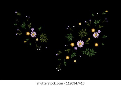 Tiny field flower realistic embroidery. Wild herbs daisy textile print decoration black fashion traditional vector illustration vintage design template. Chamomile plant floral ditsy ornament