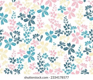 Tiny field forget-me-not flowers seamless ornament vector design. Ditsy vintage motif. Rustic chic gift wrap print with flower truss elements. Forget-me-nots bloom spring print.