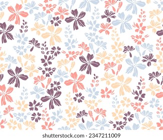 Tiny field forget-me-not flowers seamless pattern vector design. Millefleurs retro motif. Floral textile print with flower truss elements. Buttercups bloom spring print.