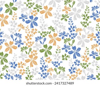 Tiny field forget-me-not flowers seamless ornament vector illustration. Ditsy beautiful motif. Floral textile print with flower inflorescences. Forget-me-nots blossom summer print.