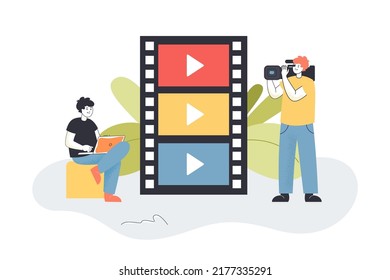 Tiny filmmakers making video. Man editing film strip with laptop, holding professional camera flat vector illustration. Video production concept for banner, website design or landing web page