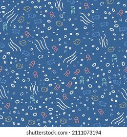 Tiny fishes and bubbles in the sea in a cute style hand drawn pattern in blue color. Vector seamless pattern design for textile, fashion, paper, packaging, wrapping and branding  