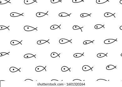 tiny fishes on white background, seamless animal pattern for textile, fabric, sketch with fishes, cute sea pattern, vector black and white design