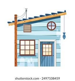 Tiny fishing hut - house facade, wooden blue walls and blue door, wide windows and tiny marine round window. Cute log cabin design