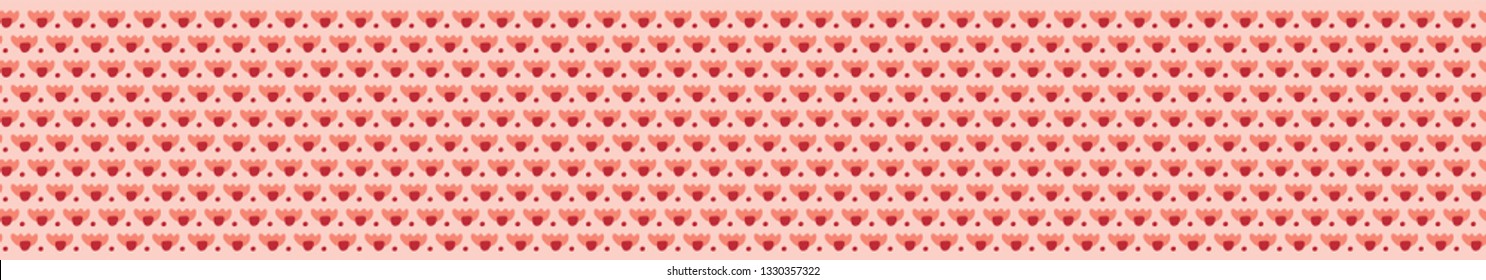 Tiny floral bloom border pattern.Seamless repeating ribbon trim. Hand drawn vector illustration. Tiny stylized flower lines on decorative coral red background. Spring fashion edging, retro home decor.