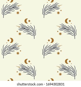Tiny floral branch and crescent Moon in vector.