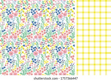 Tiny flowers in bright color, can be use on kids apparel, surface prints for fabric, gift wrapper and wall paper. Check seamless pattern in yellow color to give a coordinated range with flowers.