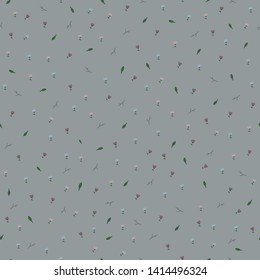 Tiny flowers, leaves, and branches on blue seamless pattern. Vector wrapping paper design template. Hand drawn background.
