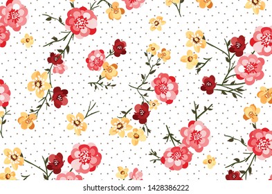 Tiny flowers on anthracite dotted white backround.
