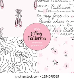 Tiny Flowers Ribbon Bows Pointe Shoes Doodle Calligraphy pattern collection. Ballet themed seamless backgrounds set. Perfect for girlish design, scrapbook paper, childish fashion fabric textile print.