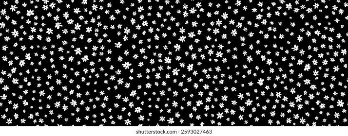 Tiny flowers seamless pattern. Black and white ditsy repeated pattern. Floral background for textile print, fabric swatch, dress ornament, clothes design ornament. Vector cute romantic ditzy wallpaper