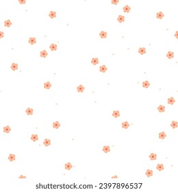 Tiny flowers seamless pattern. Cute hand drawn floral texture. Color trend 2024 Peach Fuzz. Vector background for packaging, wrapping paper, wallpaper, textile, gift, fabric, apparel, cover.