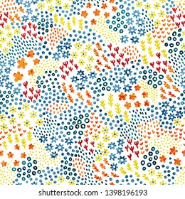 Tiny flowers seamless pattern. The ornament drawn in the style of the doodle. Vegetable print for textiles. Vector illustration.