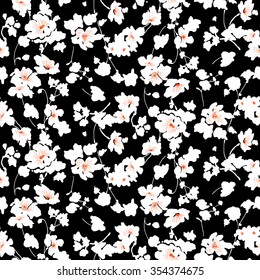 Tiny flowers seamless pattern, vector, black and white