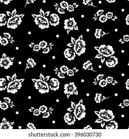 Tiny flowers seamless pattern, vector, black and white