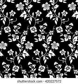 Tiny flowers seamless pattern, vector, black and white