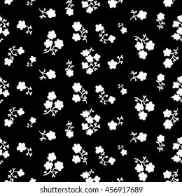 Tiny flowers seamless pattern, vector, black and white