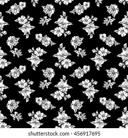 Tiny flowers seamless pattern, vector, black and white